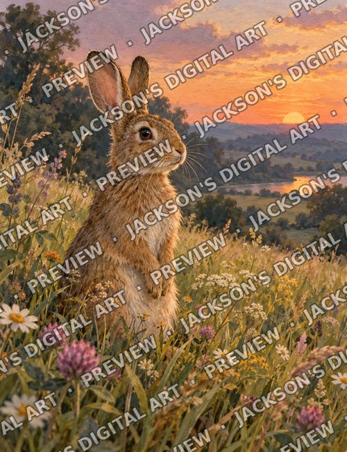 Meadow Rabbit: A wild rabbit sitting up in a wildflower meadow at sunset, a river glowing in the valley below.