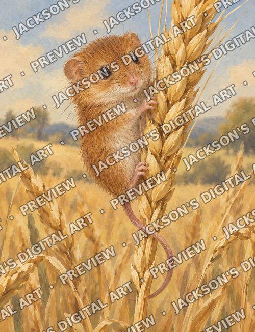 Harvest Mouse: A tiny harvest mouse clinging to a golden ear of wheat in a summer field.