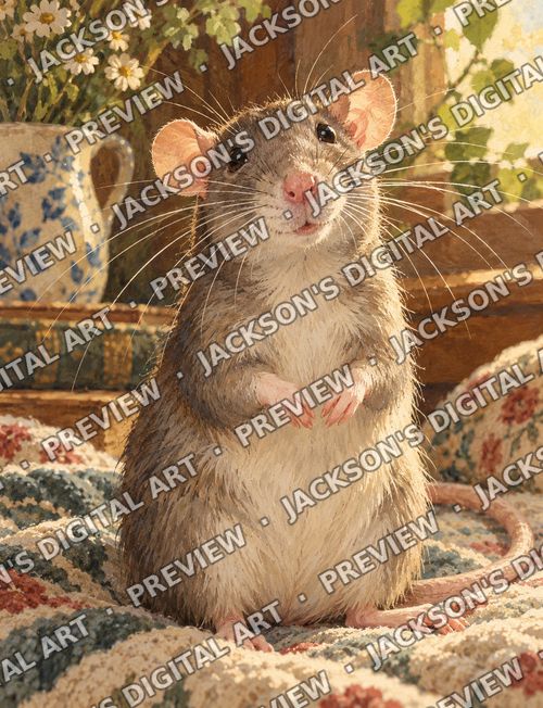 Pet Rat Portrait: A friendly pet rat sitting up on a crochet blanket, whiskers catching the warm light.