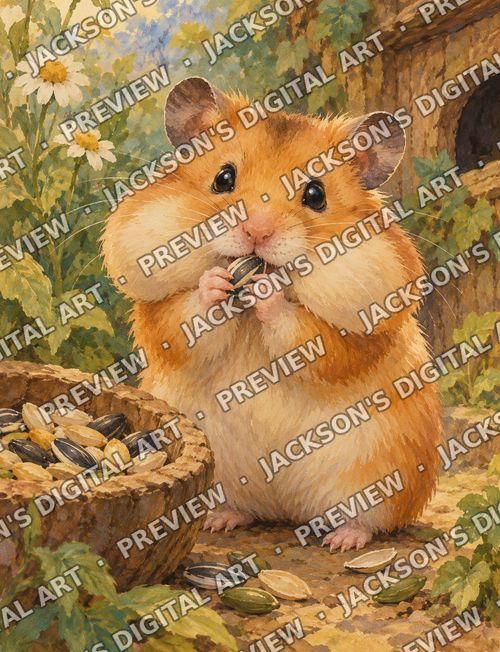 Hamster Cheeks: A golden hamster with cheeks stuffed full, holding a sunflower seed beside a basket of seeds.