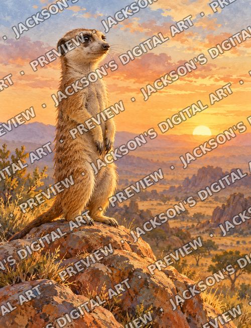 Meerkat Lookout: A meerkat standing tall on a rock, keeping watch over the savannah as the sun rises.