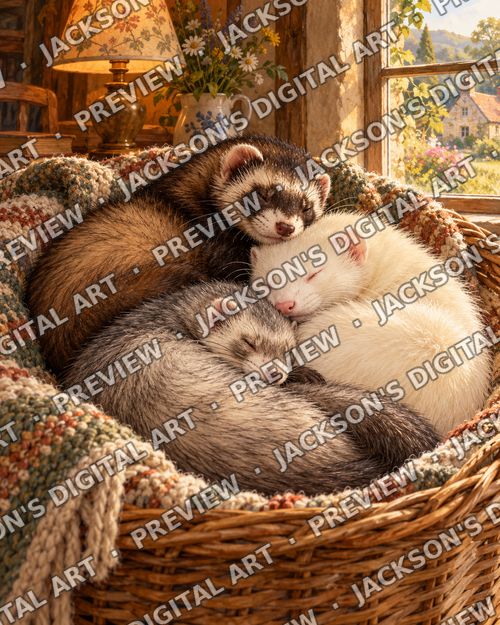 Sleepy Ferrets: Three ferrets, polecat, albino and silver, curled up asleep together on a knitted blanket in a wicker basket by a cottage window.