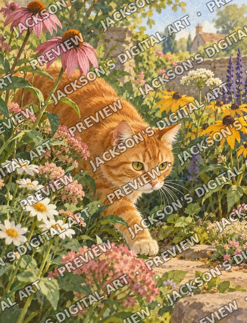 Cat in the Garden: A ginger cat creeping through a summer flowerbed of daisies, coneflowers and lavender beside an old stone wall.