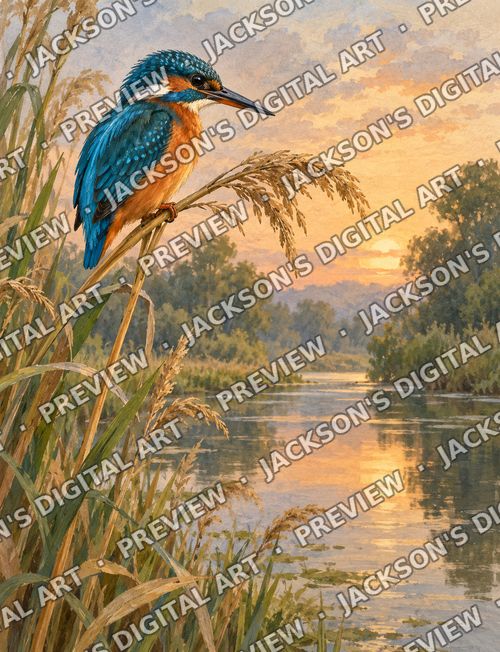 Kingfisher: A kingfisher perched on a reed stem above a still river at sunrise, the sky glowing gold over the trees.