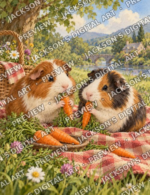 Guinea Pig Picnic: Two guinea pigs munching carrots on a red gingham picnic blanket, with a river and cottage in the distance.