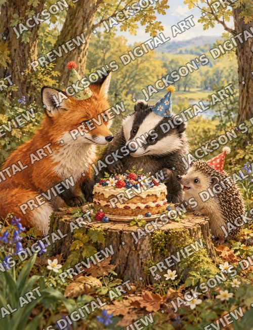 Party Animals: A fox, a badger and a hedgehog in party hats sharing a birthday cake on a tree stump in the woods.