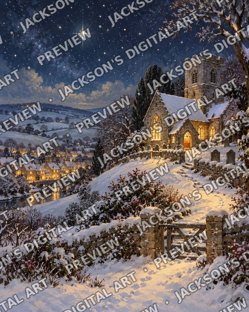 Church at Midnight: A stone country church glowing on a snowy hill under a starry sky, with a lit village and bridge below.