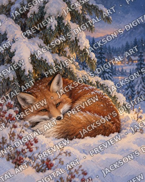 Winter Fox: A red fox curled up asleep beneath a snow-laden fir tree, a lit village glowing in the valley beyond.