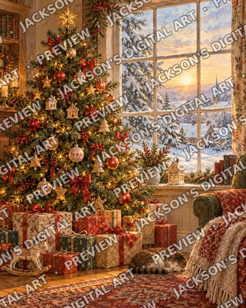 Christmas Morning: A decorated tree heaped with presents by a frosted window, a rocking horse and a cat asleep on the rug.