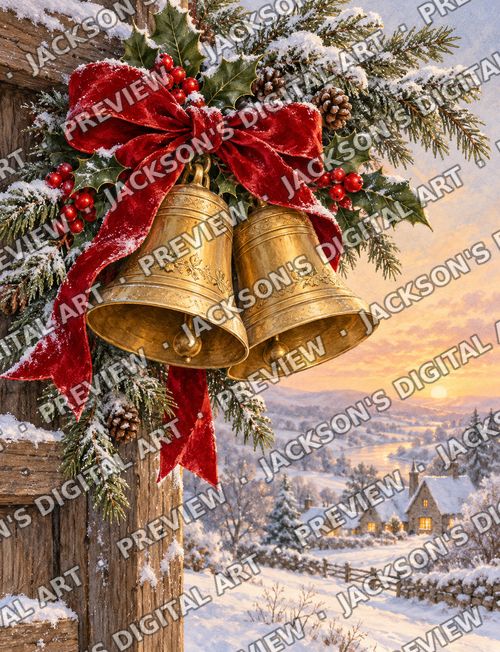 Christmas Bells: A pair of golden bells tied with a red velvet bow among holly and frosted evergreens, snowy countryside glowing at sunset.