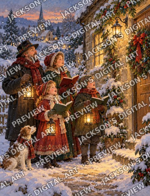 Christmas Carolers: A family of carolers with lanterns and songbooks outside a wreathed cottage door, their dog joining in.