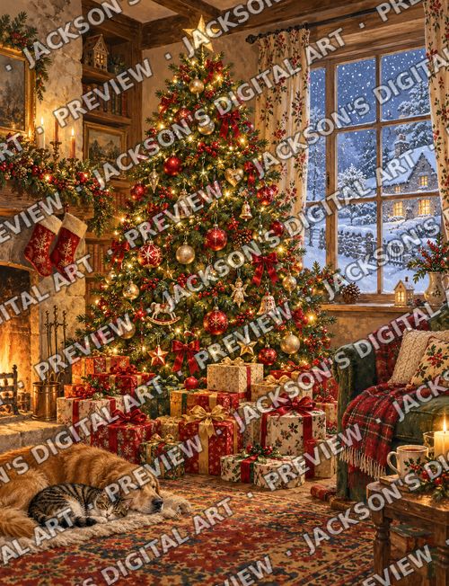 Christmas Tree and Presents: A twinkling tree in red and gold piled high with presents in a cosy cottage sitting room, snow falling outside.