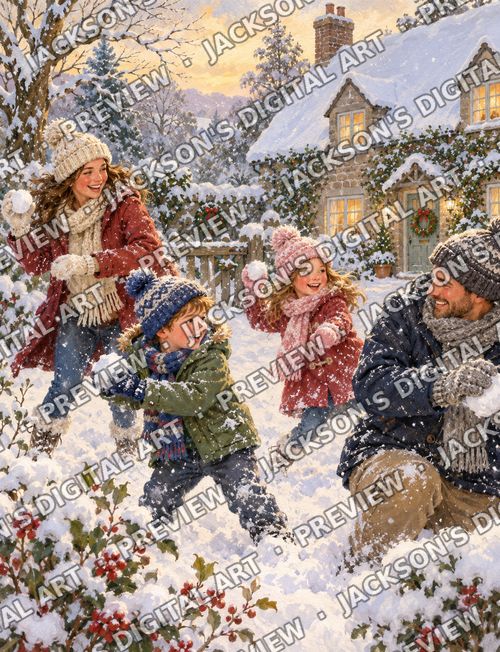 Family Snowball Fight: Mum, dad and two children laughing through a snowball fight in a snowy cottage garden.