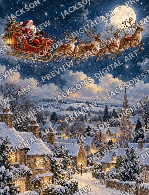 Reindeer Sleigh: Santa's sleigh and reindeer flying past a full moon above the snowy rooftops of an English village.