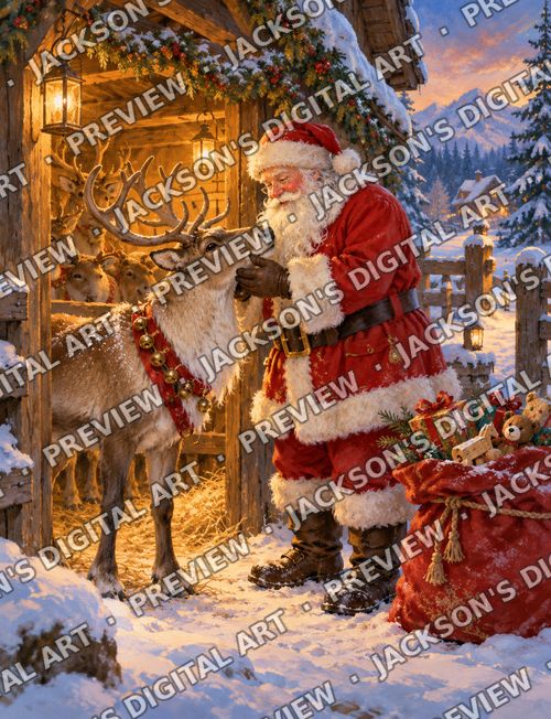 Santa and Reindeer: Santa gently greeting a reindeer at a warmly lit stable door, a sack of toys at his feet.