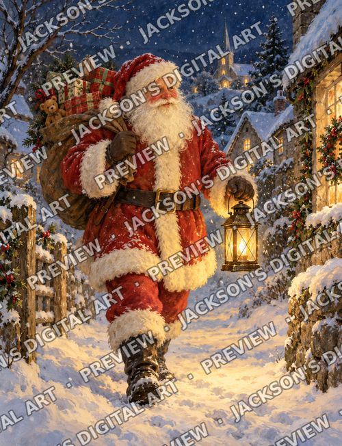 Santa in the Snow: Father Christmas carrying his sack of presents along a snowy cottage lane at night, lantern in hand.