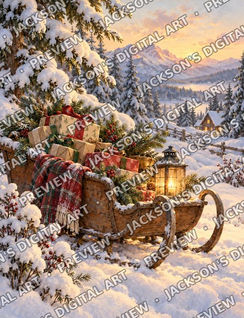 Sleigh in the Woods: An old wooden sleigh piled with gifts and evergreens beneath snow-laden pines at a golden winter dawn.