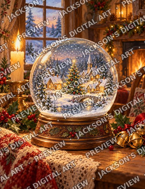 Christmas Snow Globe: A snow globe holding a tiny snowy village and Christmas tree, on a candlelit cottage table with holly and bells.