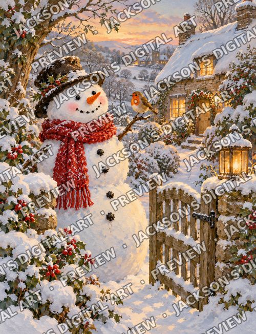 Snowman and Robin: A cheerful snowman in a red knitted scarf by a garden gate, a robin perched on his twig hand.