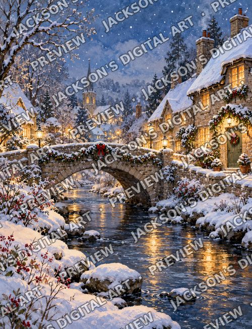 Snowy Stone Bridge: A stone bridge over a glittering stream at blue twilight, wreathed cottages glowing along the bank.