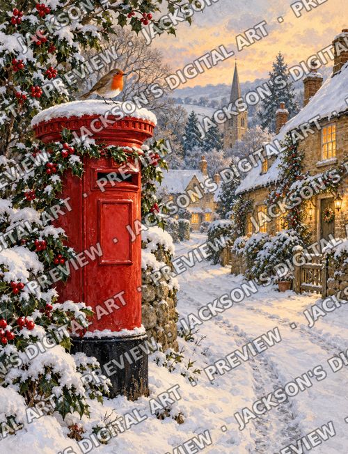 Winter Postbox: A red British postbox dressed in holly on a snowy village lane, with a robin perched on top.
