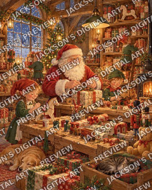Santa's Workshop: Father Christmas and his elves wrapping presents and painting toys in a cosy workshop, a dog and cat asleep nearby.