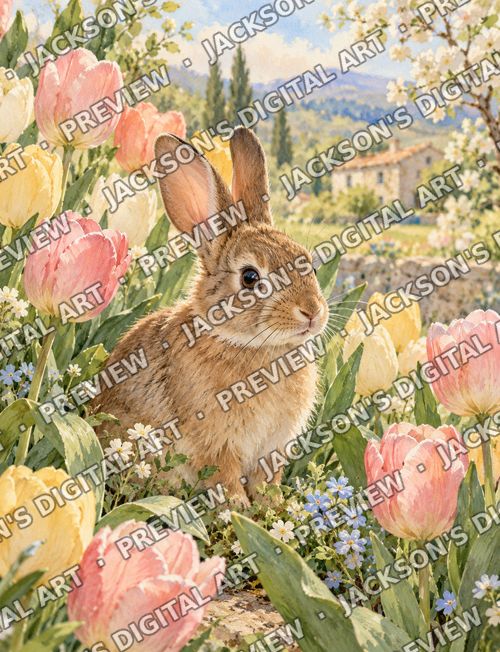 Bunny in the Tulips