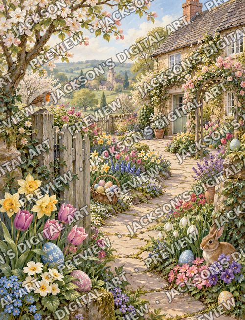 Egg Hunt: A cottage garden path lined with daffodils and tulips, painted eggs hidden in the flowerbeds and a rabbit peeping out.
