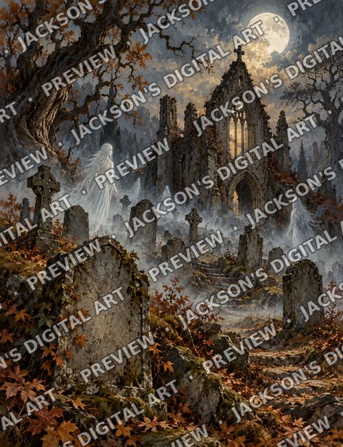 Haunted Graveyard: Ghostly figures drifting through the mist of an ancient graveyard, a ruined chapel and twisted trees beneath a cold moon.