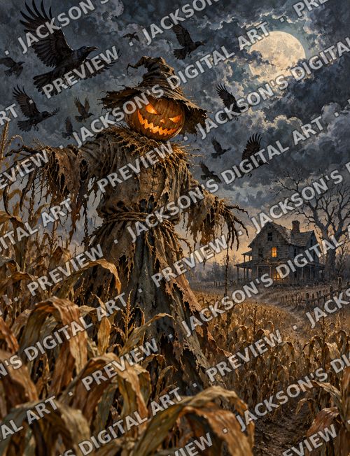 Scarecrow at Midnight: A ragged pumpkin-headed scarecrow in a dark cornfield, crows rising around it and a lonely farmhouse under stormy moonlight.