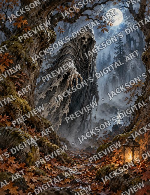 Ghosts in the Forest: A spectral cloaked figure among twisted trees in a misty midnight forest, ghostly faces beyond and a lantern glowing on the path.