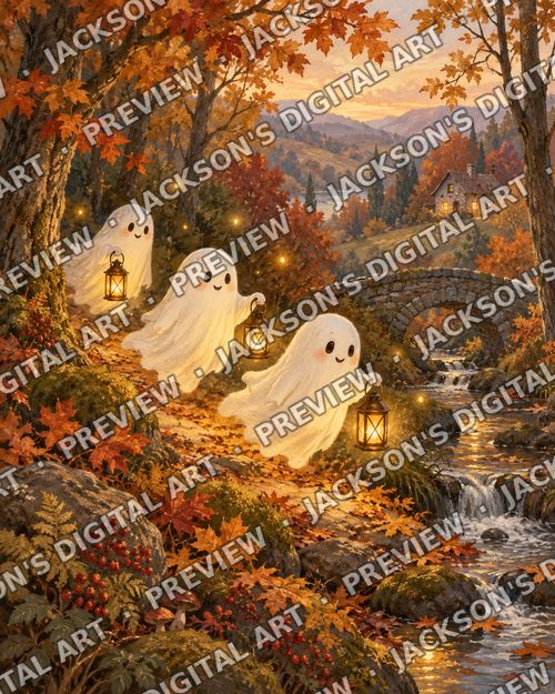 Friendly Ghosts: Three smiling little ghosts carrying lanterns along an autumn woodland path by a stream and stone bridge.