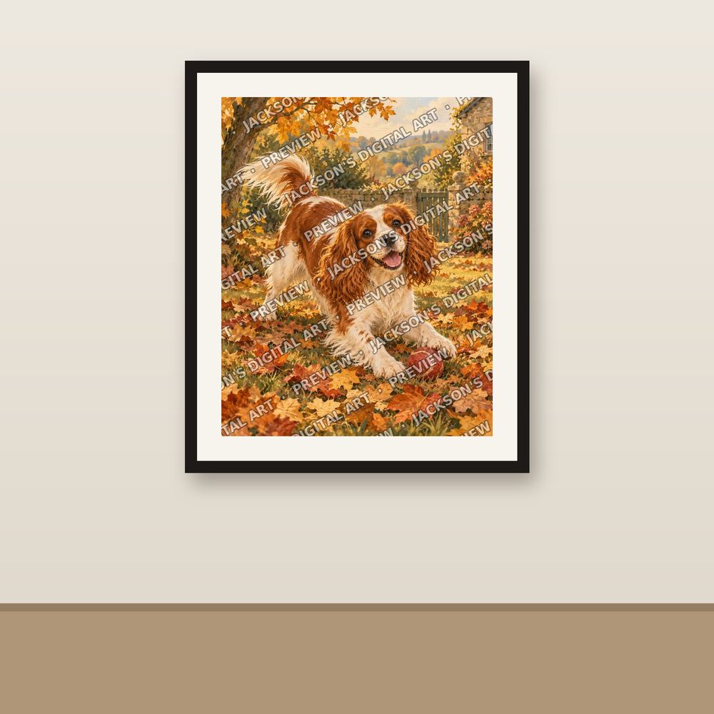 Spaniel in the Leaves shown framed on a wall
