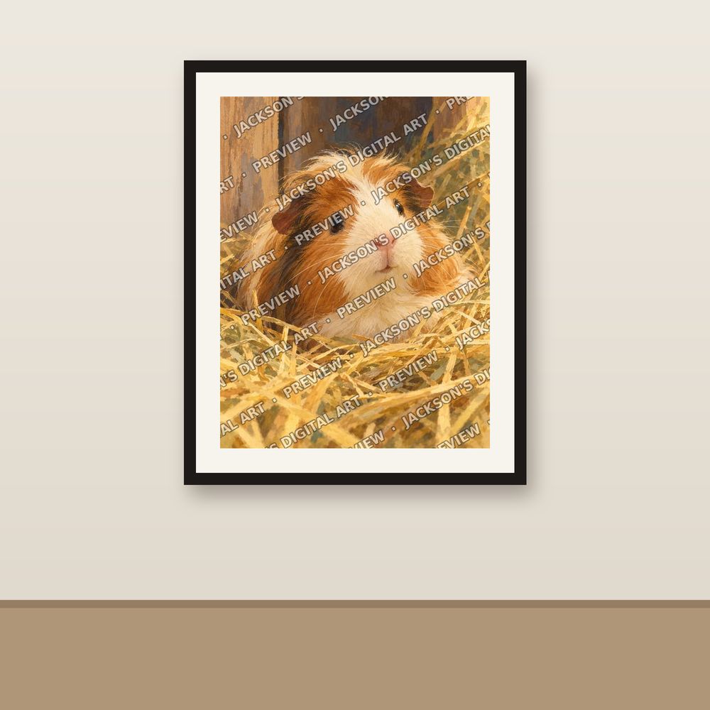 Guinea Pig in the Hay shown framed on a wall