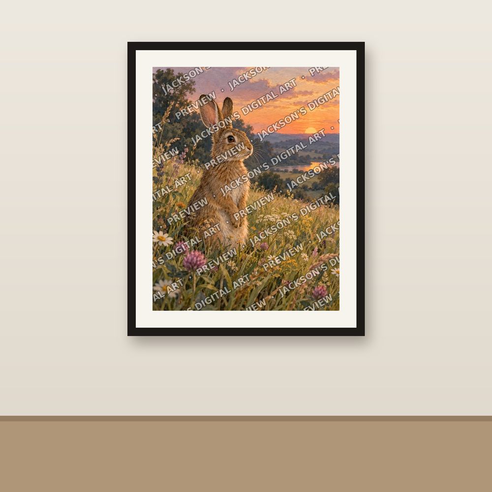 Meadow Rabbit shown framed on a wall