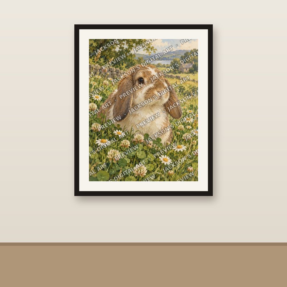 Lop-Eared Bunny shown framed on a wall
