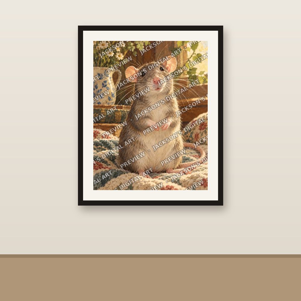 Pet Rat Portrait shown framed on a wall