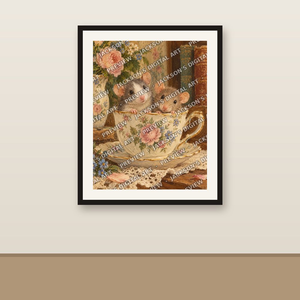 Rats in a Teacup shown framed on a wall