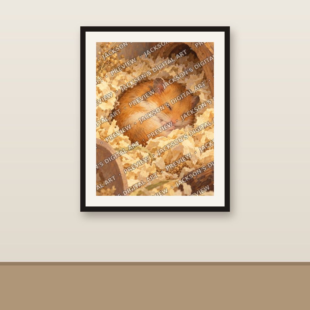Sleepy Hamster shown framed on a wall