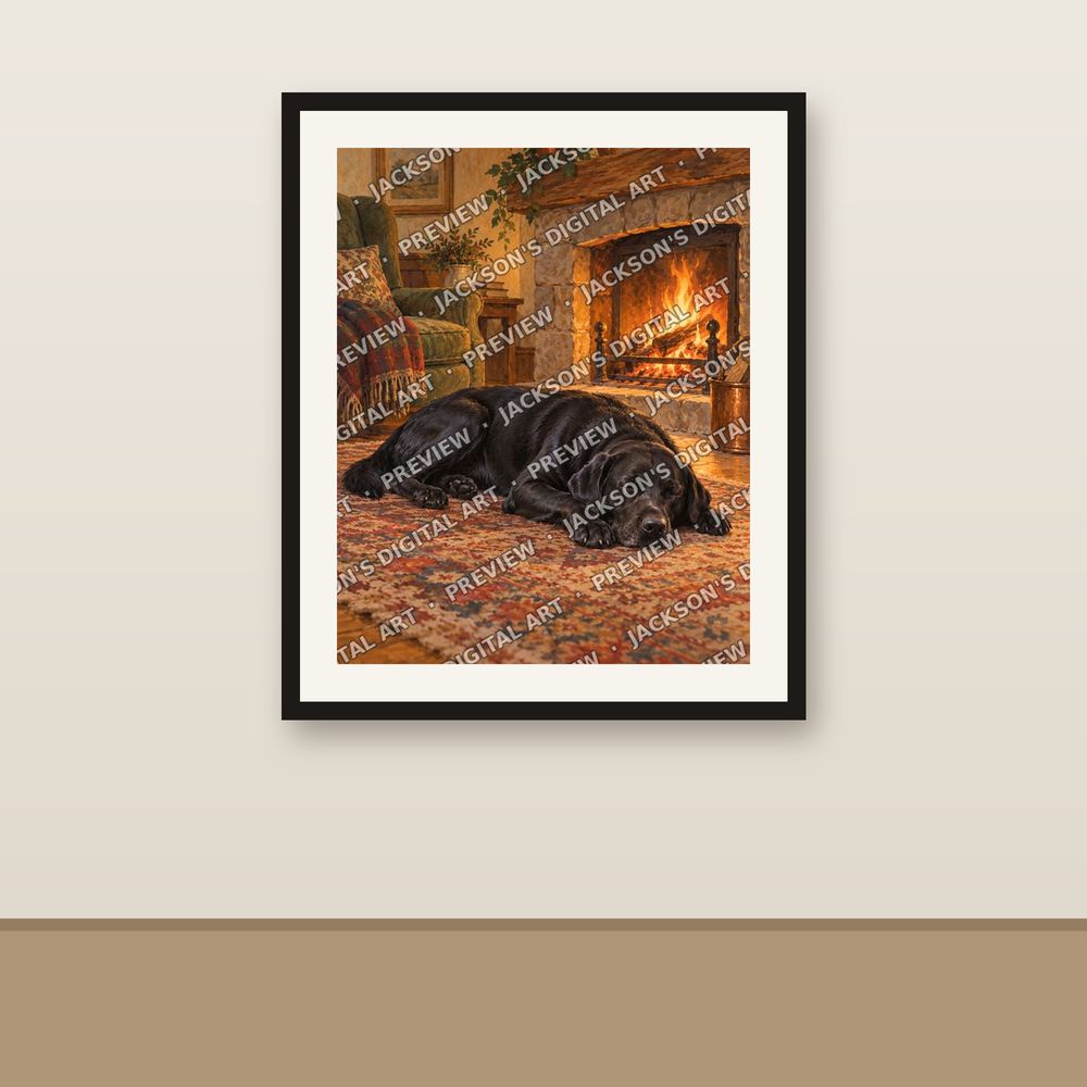 Fireside Black Labrador shown framed on a wall