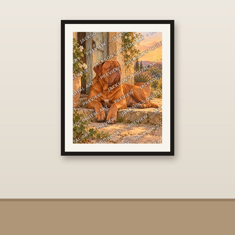 Dogue de Bordeaux shown framed on a wall