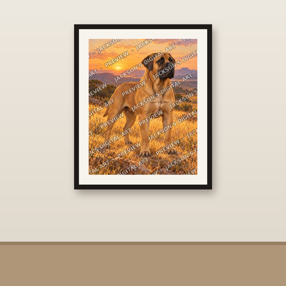 Boerboel at Sunset shown framed on a wall