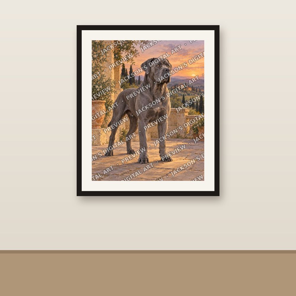 Blue Cane Corso shown framed on a wall