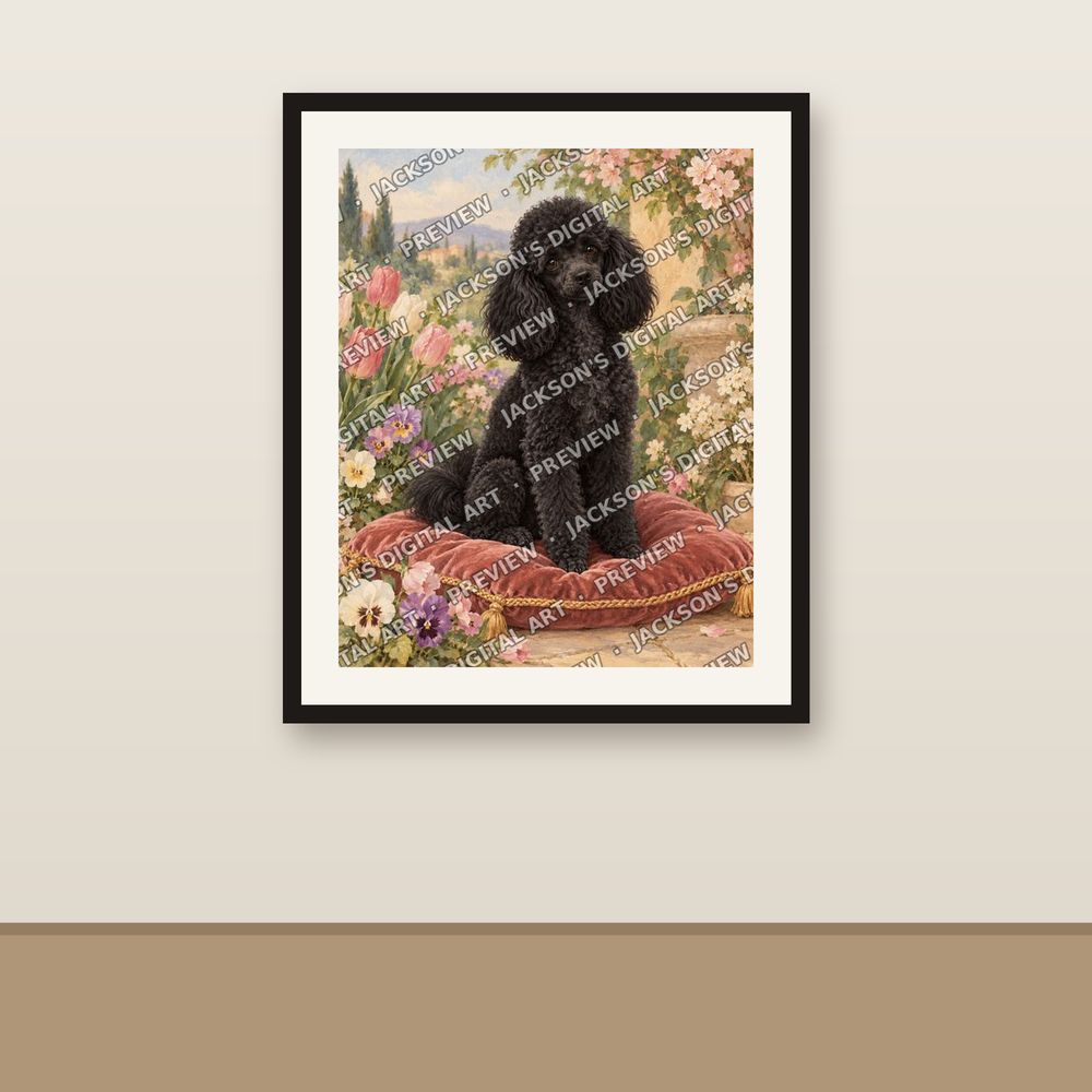 Black Mini Poodle shown framed on a wall