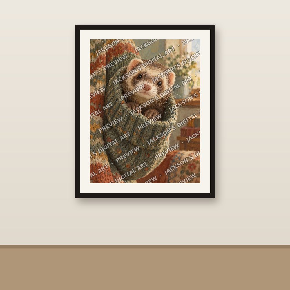 Curious Ferret shown framed on a wall