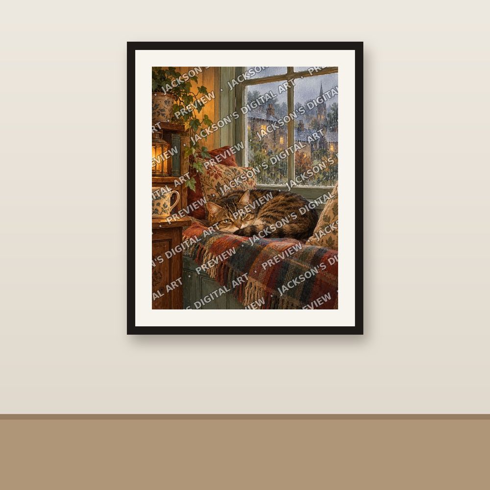 Window Seat Tabby shown framed on a wall