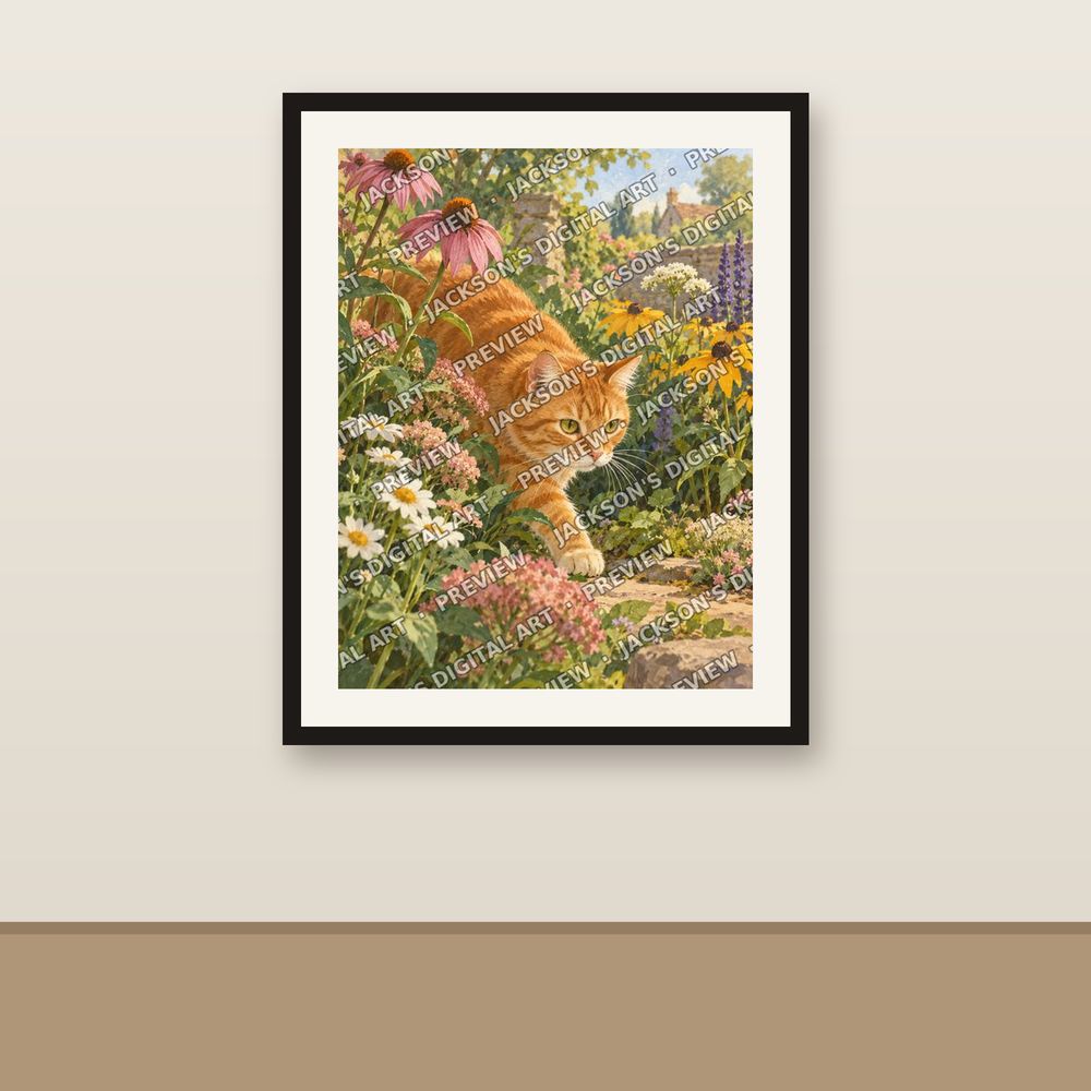Cat in the Garden shown framed on a wall