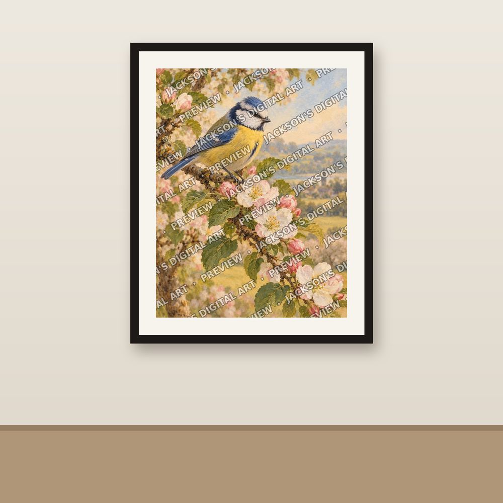 Blue Tit on Blossom shown framed on a wall