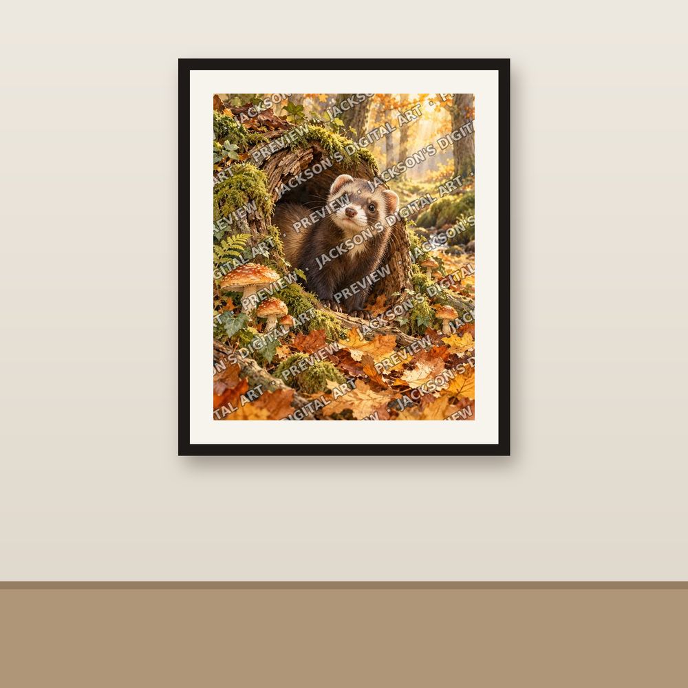 Ferret in the Log shown framed on a wall