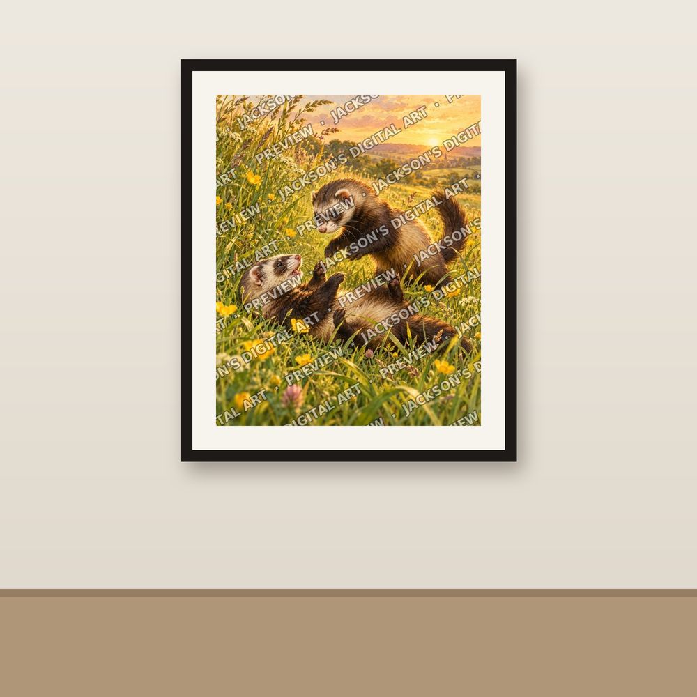 Polecats at Play shown framed on a wall